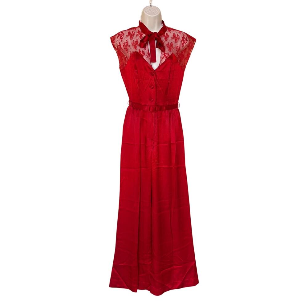 Climax by David Howard Vintage Red Satin Jumpsuit with Lace size S -Pls Read!